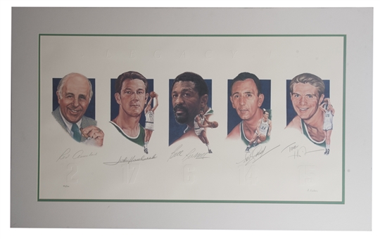 Boston Celtics Multi Signed Signed "Legacy I" 27x44 Matted Litho With 5 Signatures Including Russell, Havlicek & Cousy (Beckett)